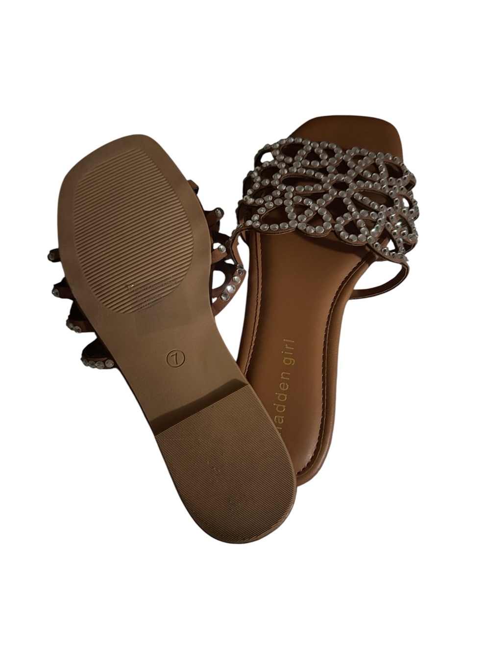 Madden Girl Brown Slide Sandals with Pearl Lattice Straps - Picture 2 of 3